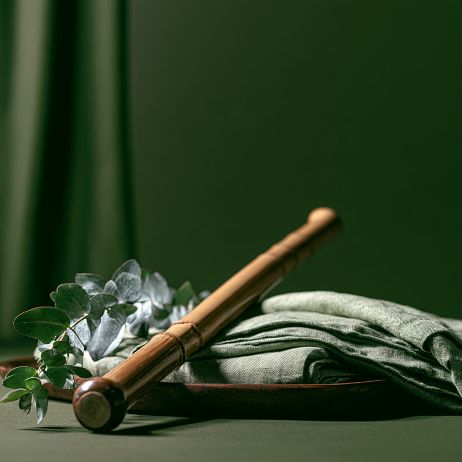 A polished bamboo Dragon Stick resting on folded sage linen with eucalyptus