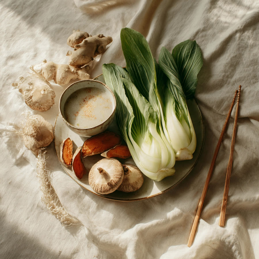 Seasonal whole foods on cream linen: bok choy, sweet potato, shiitake, ginger and a bowl of congee